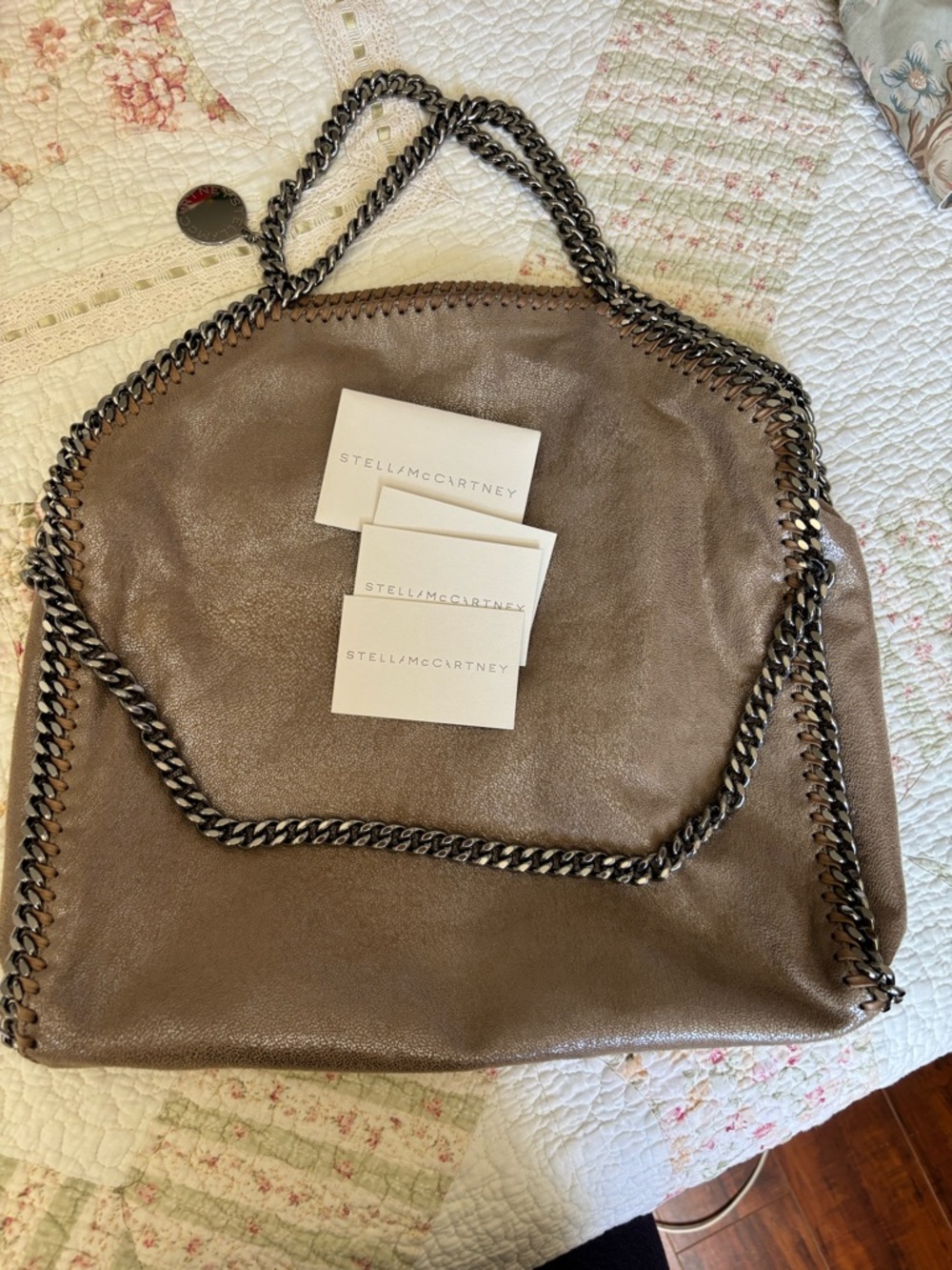 Stella McCartney Metallic Taupe Falabella Tote with Chain Trim